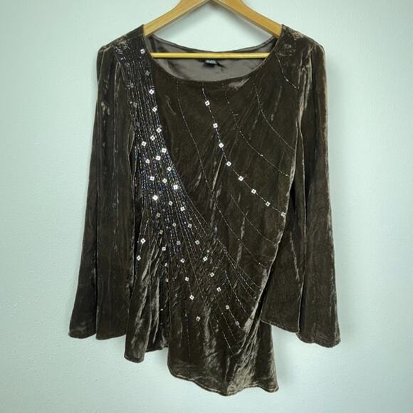 Anne Carson Brown Velvet Top XL Boatneck Bell Sleeve Y2K Whimsigoth Boho - Picture 1 of 5